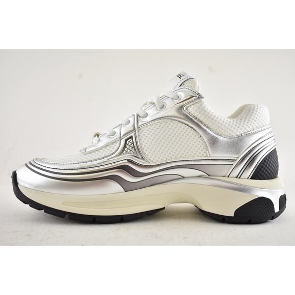 Chanel REV White Silver Metallic CC Logo Tie Flat Runner Trainer Sneaker 37.5 - Picture 10 of 14